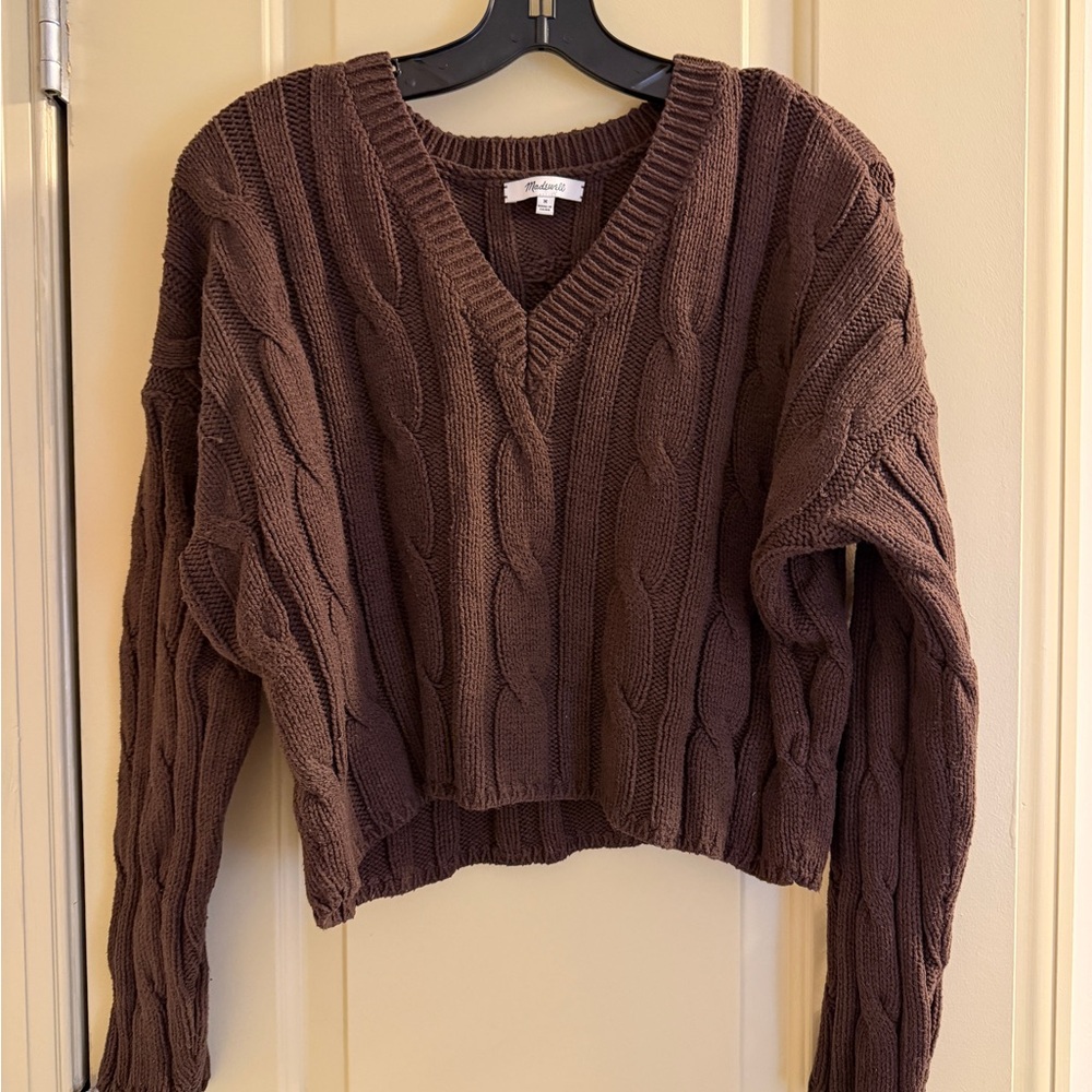 Madewell Brown Cable Knit V-Neck Sweater